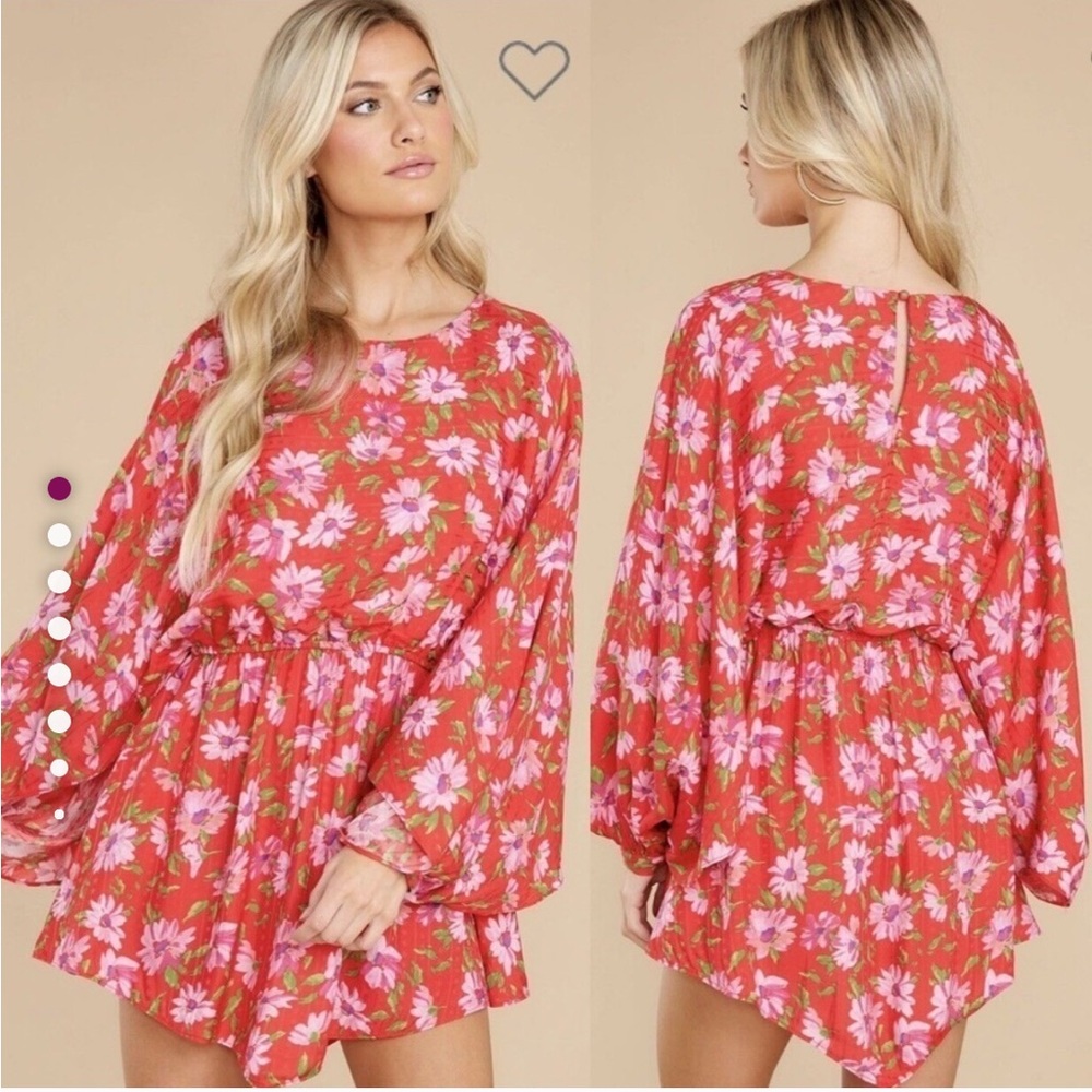 LoveShackFancy Anila Floral Mini‎ Blouson Dress Womens XS Pink Long Sleeves